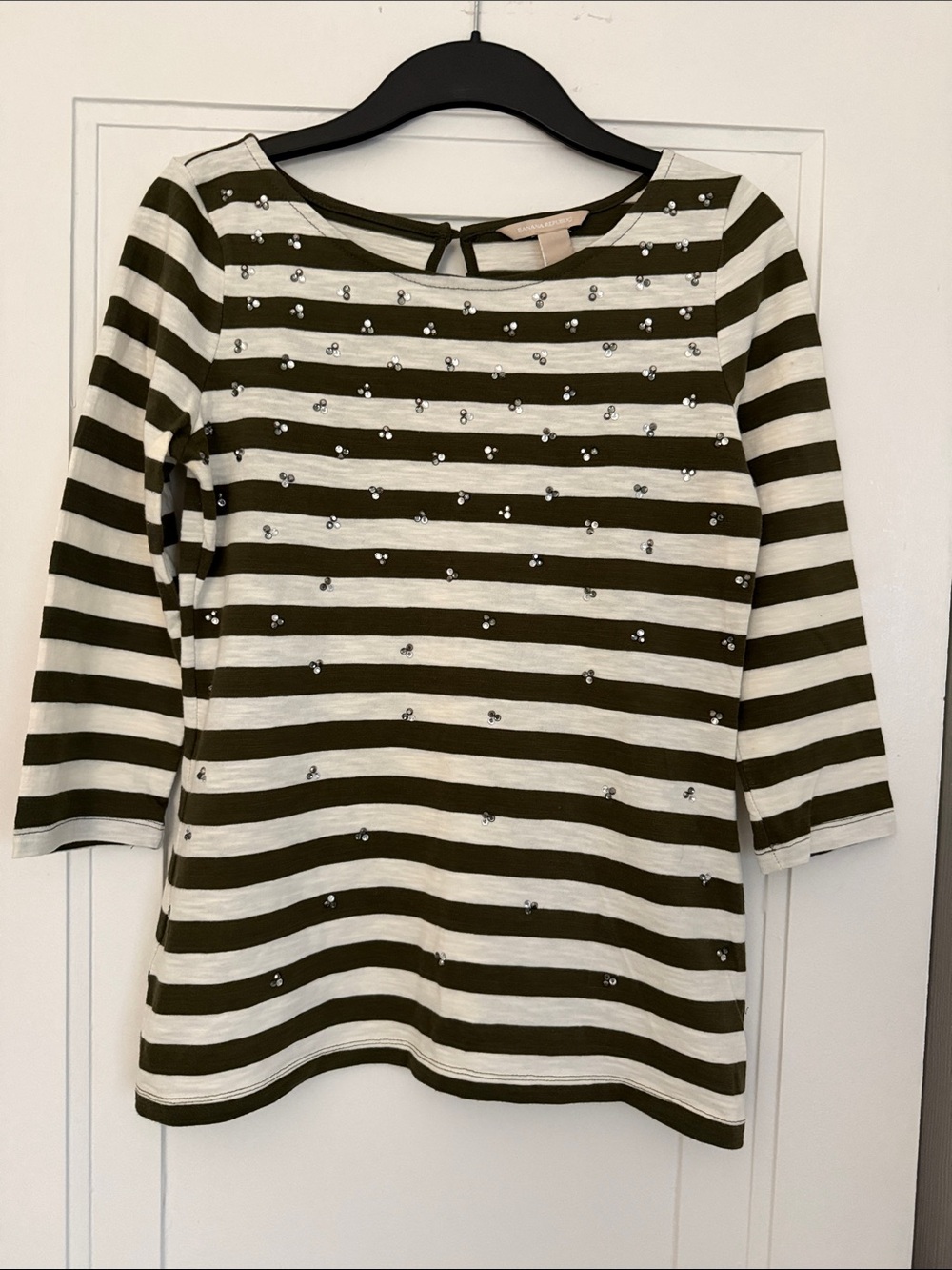 Banana Republic Olive & Cream Striped Sequin-Embellished Top